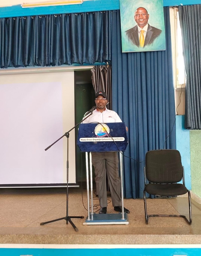 Nixon Sekoh addressing an audience at Mama Grace Onyango Cultural Centre